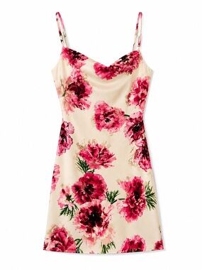 Express Floral Mini Slip Dress M Pink Cream Satin Look Cowl Neck Y2K Cottagecore